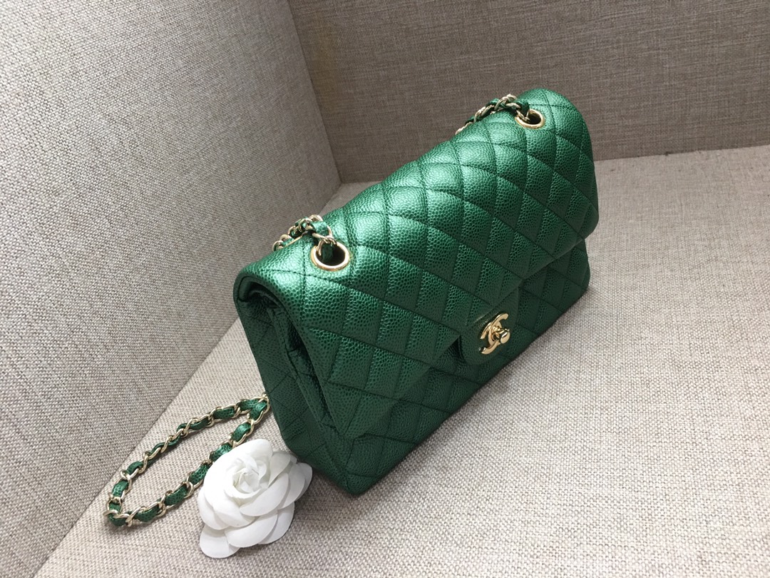 Medium Classic Flap Caviar Bag A01112 Green/Gold